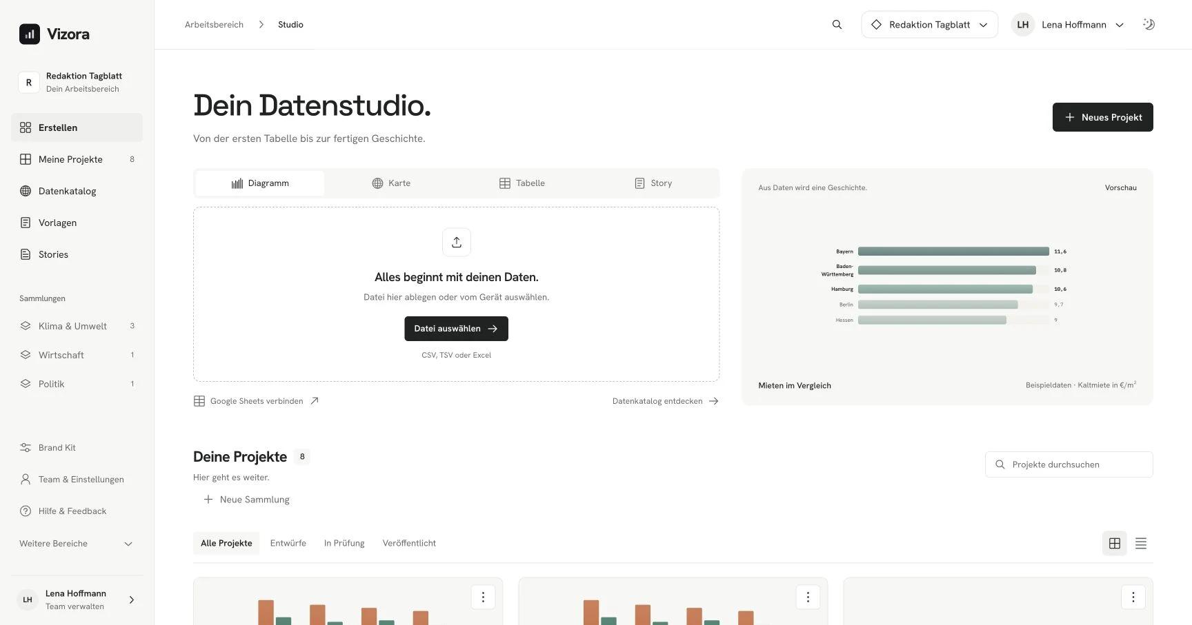 Vizora-Studio mit Datei-Import, Formatwahl und Projektübersicht